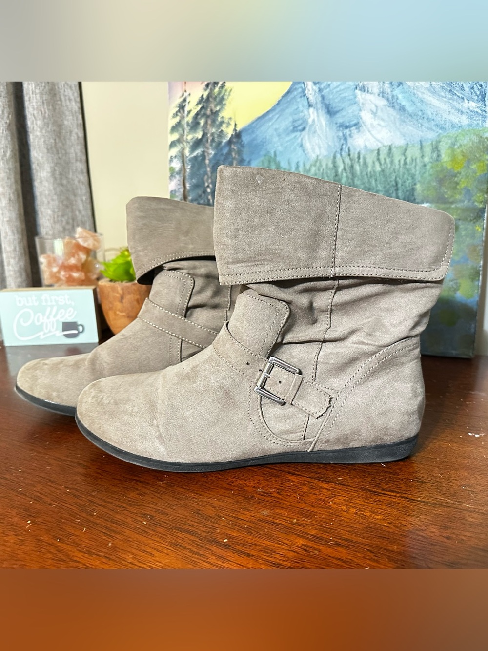 Women’s Taupe Suede Ankle Boots with Buckle